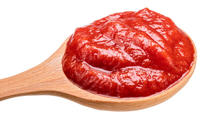 Wooden spoon of tomato sauce or ketchup close-up on a white background. Clipping path