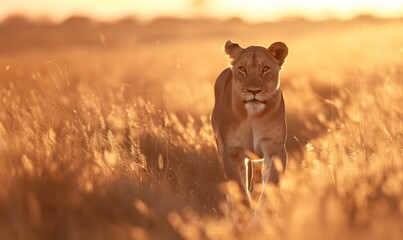 Lioness hunting in a sunlit savannah, Generative AI