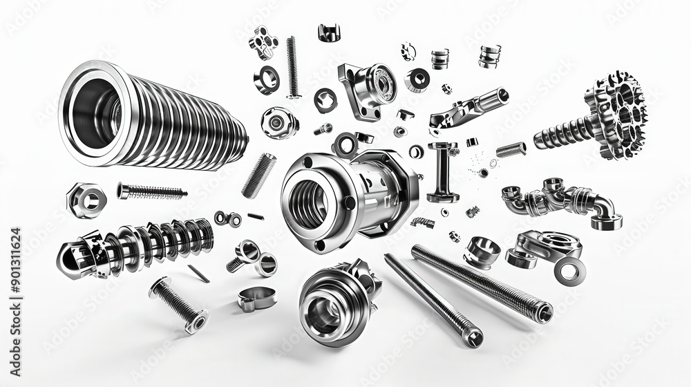 Poster a detailed image of various metallic mechanical parts and components scattered and floating in mid-a
