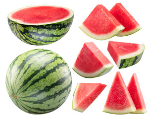 Set of watermelons and watermelon slices isolated on white background. Clipping paths.