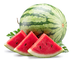 Round striped watermelon and watermelon slices isolated on white background.