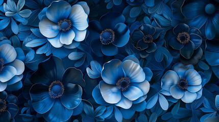 A blue flowery background with a blue flower in the foreground