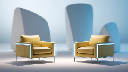 Fototapeta premium Two sofa against modern luxury sleek background. conference, podcast concept