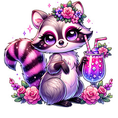 Raccoon With Iced Drink and Flowers