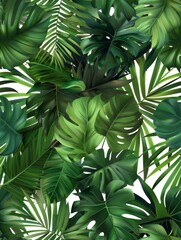 A seamless exotic pattern featuring tropical leaves with lush greenery, rendered in watercolor style