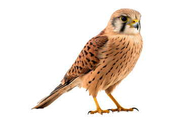 Fototapeta premium Kestrel in flight PNG, isolated on transparent background, ideal for wildlife and nature design projects, featuring a detailed bird of prey with outstretched wings and sharp features