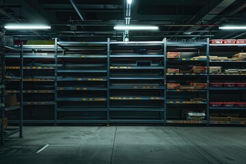 A warehouse with empty shelves and a dark atmosphere. The emptiness of the shelves and the darkness of the room create a sense of loneliness and isolation