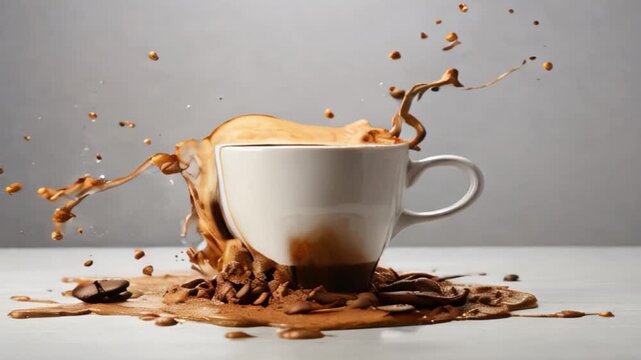 white cup splashes of coffee grains coffee video, AI generated