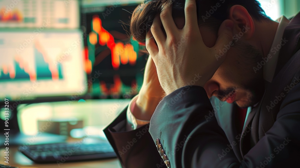 Poster a man is sitting at a desk with a computer monitor in front of him