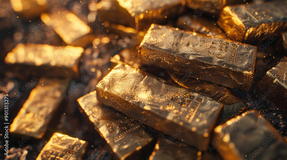 Aufkleber a close-up view of numerous shiny gold bars stacked together, creating an impression of wealth and l