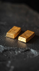 Two shiny gold bars rest on a dark, textured surface, highlighting their rich, metallic luster and valuable allure.