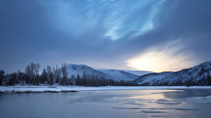 A frozen lake covered in a layer of smooth, clear ice