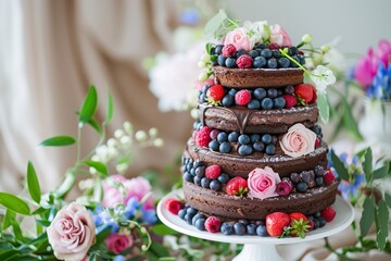 Chocolate cakeberries and fresh flowers