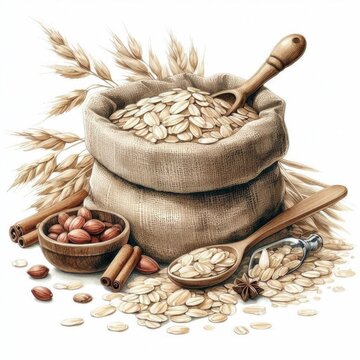 recommend clip art: Ingredients for food, Hand drawing bag of grain, cereal, oats, wheat, harvest, line art, vintage line drawing farm
