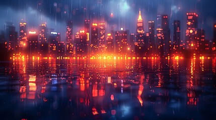 Obraz premium red and yellow lights, cyberpunk neon city near the lake.