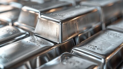Close-up of shiny silver bars stacked together, showcasing their metallic texture and intricate details in this industrial setting.