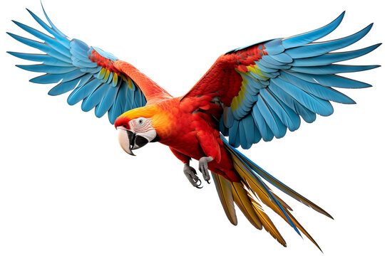 Colorful macaw parrot with vibrant feathers isolated on transparent background, ideal for tropical and exotic design projects - Powered by Adobe