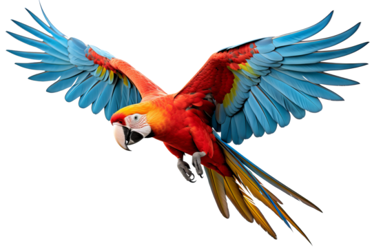 Colorful macaw parrot with vibrant feathers isolated on transparent background, ideal for tropical and exotic design projects