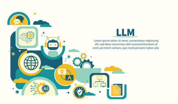 The concept of LLM, AI Large Language Model with icons concept. AI deep learning to use for work support. language model general purpose language generation capability. Vector illustrator template.