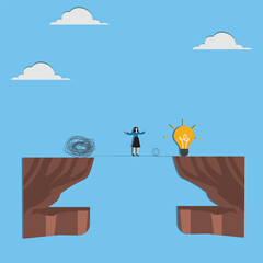 Businesswoman Balancing Amid Tangled Cables and Lightbulbs