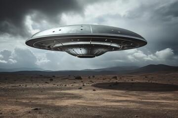 Realistic depiction of a ufo set against a moody sky, hovering ominously over a barren desert terrain