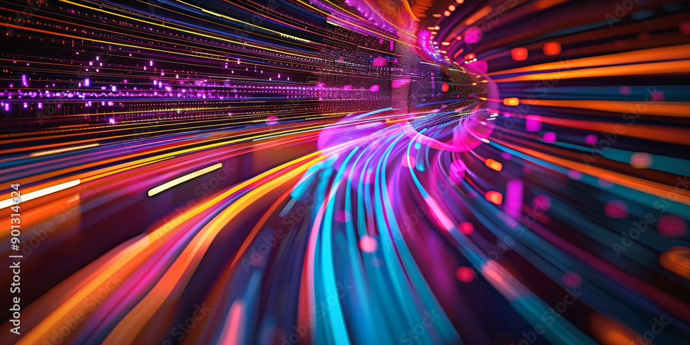 Poster Colorful, high-speed light trails create a mesmerizing display of motion and energy, resembling a futuristic digital highway or data stream.