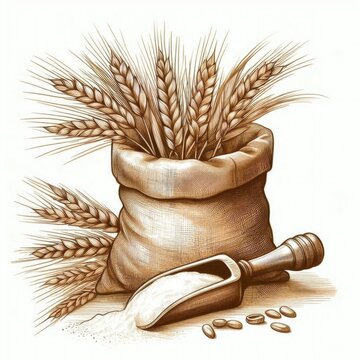 recommend clip art: Ingredients for food, Hand drawing bag of grain, cereal, oats, wheat, harvest, line art, vintage line drawing farm