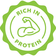 green rich in protein outline icon round rounded circle badge stamp label isolated on transparent background
