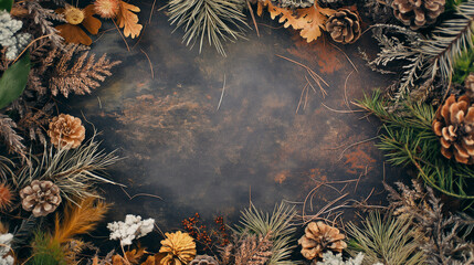 A wreath of pine needles and leaves with a brown background