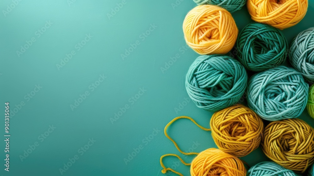 Poster a bunch of colorful yarns are arranged in a pattern on a green background. the colors include yellow
