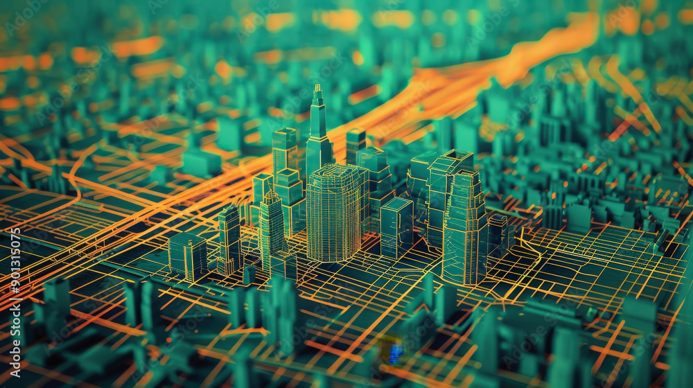 Poster a digital 3d rendering of a futuristic cityscape with interconnected, glowing streets and towering s