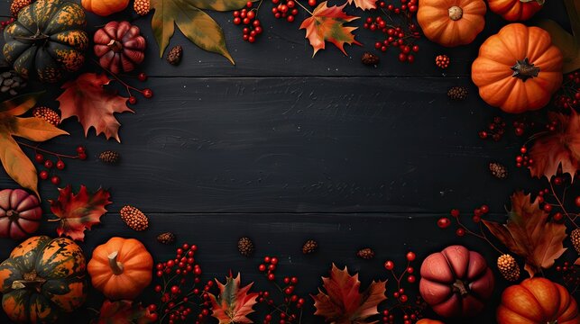 A dark wooden background featuring an autumn border frame of leaves, pumpkins, and berries around