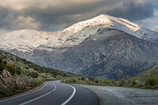 Road and snow mountains, Peloponnese, Greece