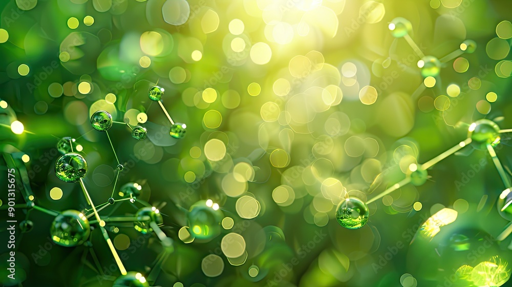 Poster a green background with a lot of small green spheres. the spheres are in different sizes and are sca