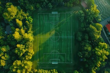 A soccer field with trees in the background. The field is green and well-maintained