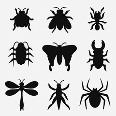 set of bugs good for icon, symbol, silhouette design, etc