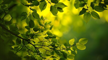Sunlit Fresh Green Leaves on Tree Branch