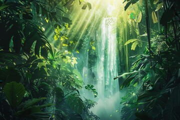 Fototapeta premium Lush Green Waterfall in Dense Tropical Rainforest with Exotic Plants and Sunlight