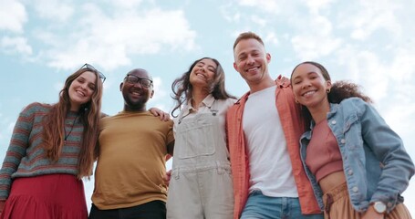 Support, face or group of friends outdoors for travel, adventure or fun holiday vacation with care. Portrait, smile or happy people hug to relax in nature with wellness, freedom or bond together - Powered by Adobe