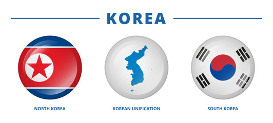 Round buttons with flags of North Korea, South Korea and Korean Unification. Vector and PNG on transparent background.