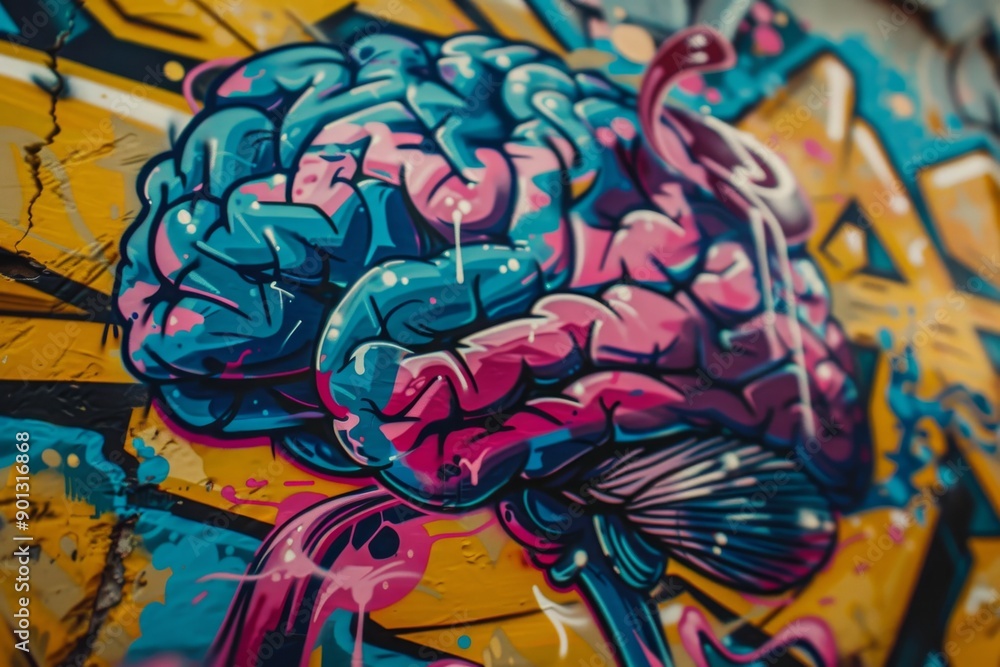 Wall mural Graffiti style brain illustration on a colorful wall representing creative thinking and urban art perfect for artistic mental health and innovation themes