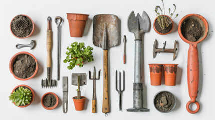 A collection of gardening tools, pots, and plants neatly arranged on a white background, ready for use in various gardening activities.