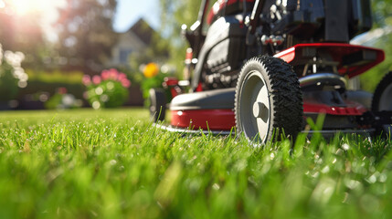 A close-up of a lawn mower cutting vibrant green grass in a sunlit garden, with blurred flowers and trees in the background.