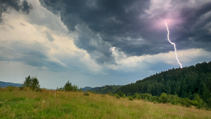 Perfect landscape view during the thunder storm in the Carpathian Mountains