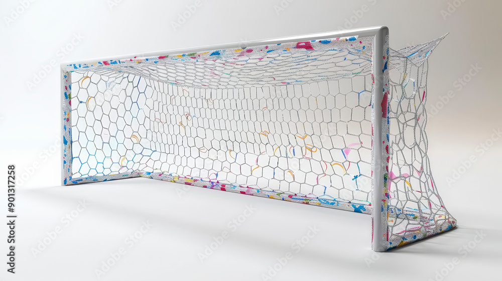 Aufkleber a creatively painted soccer goal net standing on a plain background, featuring colorful splatters an