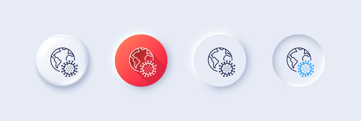 Coronavirus pandemic line icon. Neumorphic, Red gradient, 3d pin buttons. Covid virus sign. Global infection symbol. Line icons. Neumorphic buttons with outline signs. Vector