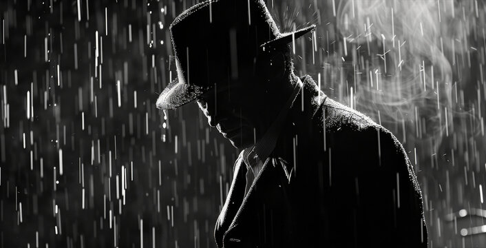 dramatic silhouette of a dangerous man in a hat at night in the rain in the city in the old crime.