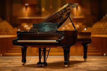 Vintage Grand Piano A polished ebony grand piano in a concert hall, bathed in warm stage light