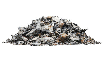 A large pile of scrap metal pieces, featuring various twisted and rusted sheets and parts, laying against a plain white background.