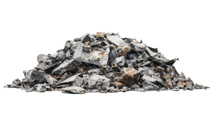 A large pile of scrap metal pieces, featuring various twisted and rusted sheets and parts, laying against a plain white background.
